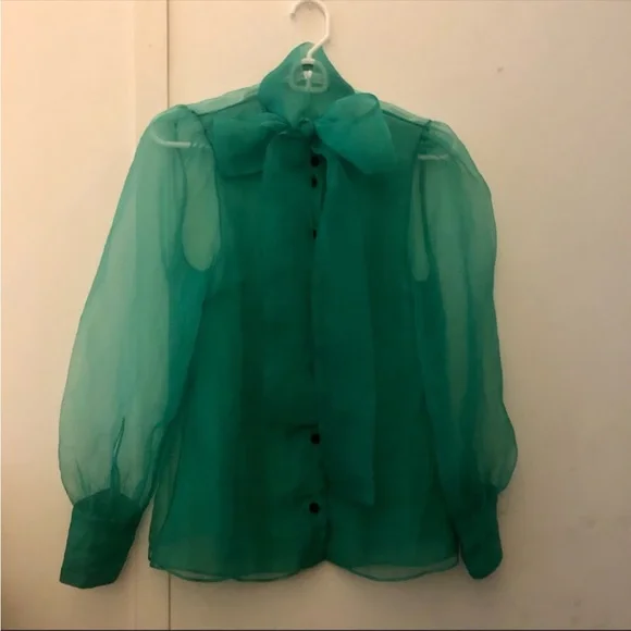 Zara green sheet organza blouse pussy bow dramatic chic S - Picture 2 of 12